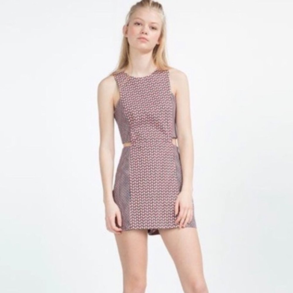 ZARA Dress Romper Cutout Geometric Mini Sleeveless Pink Coral Blue L